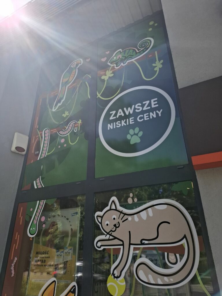 Oklejona witryna sklepu zoologicznego ZooZone z kolorowymi grafikami zwierząt